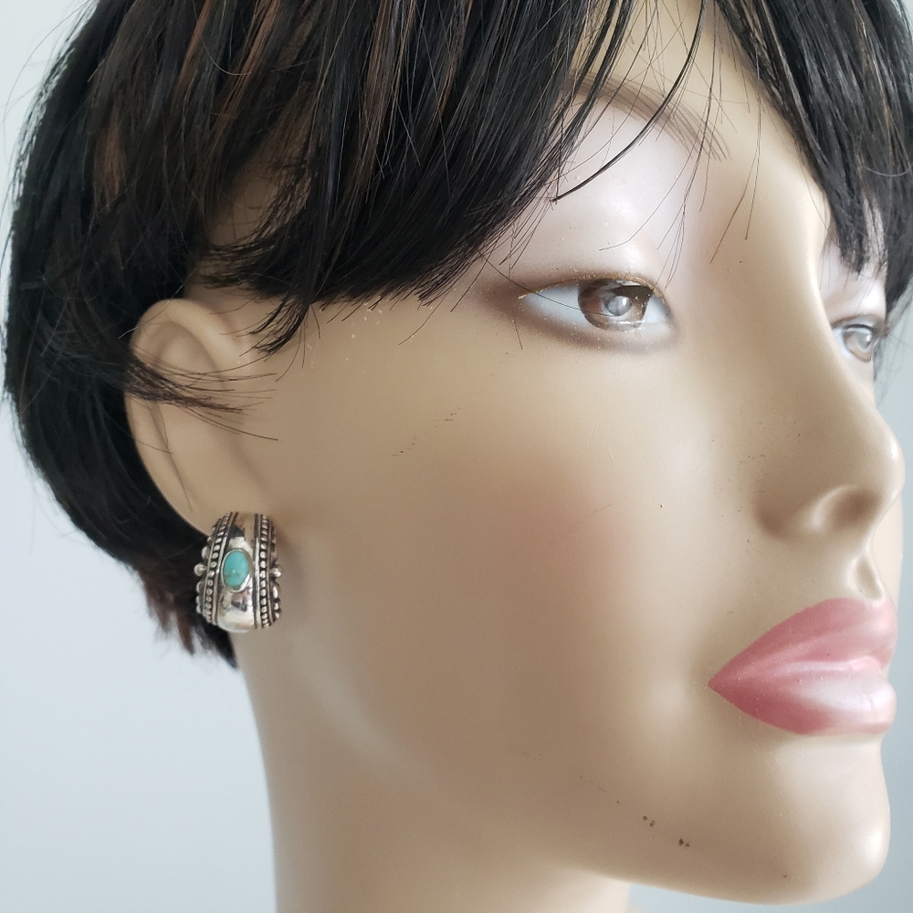 Sterling Silver Turquoise Accent Hoop Earrings - Silver and Turquoise